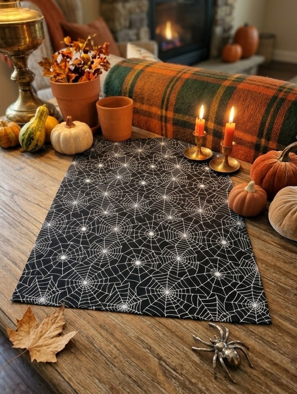 NWOT Black Spiderweb Table Runner 20x28" Cotton Halloween Spooky Fall Cottage